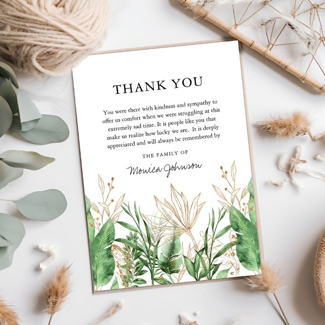 Elegant Botanical Green & Gold Sympathy Thank You Card (Creator Uploaded)