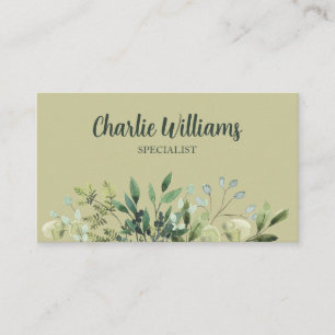 Elegant botanical green leaves earthy boho business card