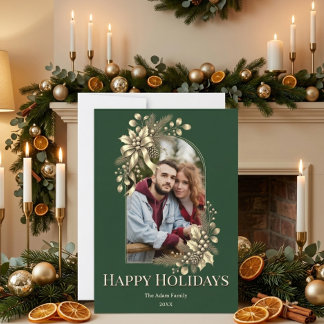 Elegant Botanical Green Silver Holiday 2 Photo Invitation
