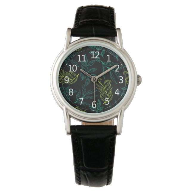 Elegant Botanical Green & Yellow Leaves Pattern | Watch (Front)