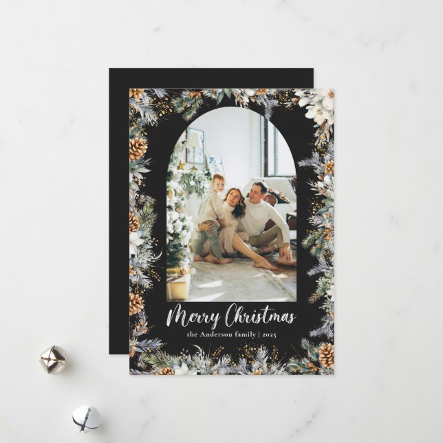 Elegant Botanical Greenery & Arch Black Christmas Holiday Card (Front/Back In Situ)