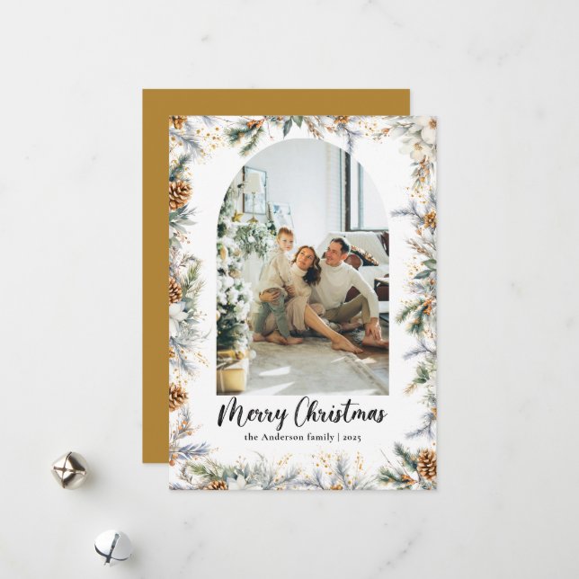 Elegant Botanical Greenery & Arch Photo Christmas Holiday Card (Front/Back In Situ)