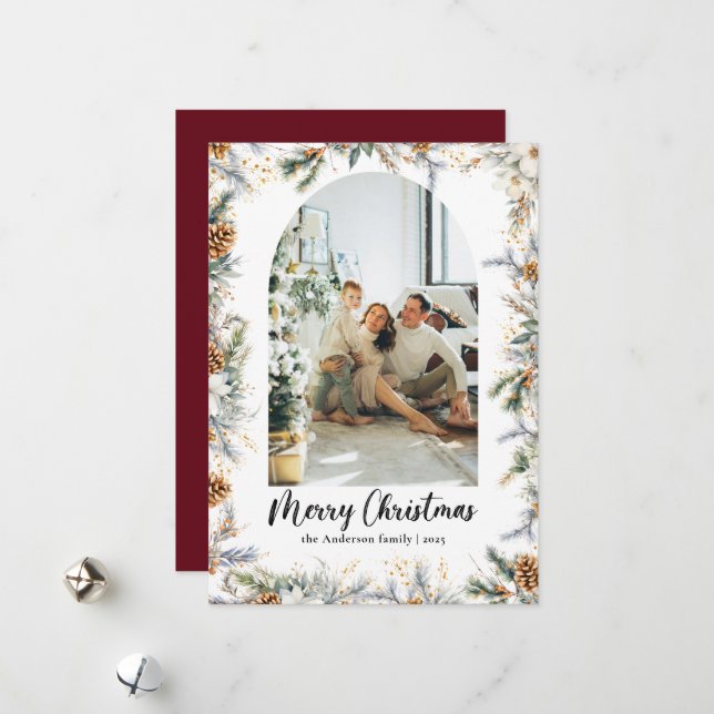 Elegant Botanical Greenery & Arch Red Christmas Holiday Card (Front/Back In Situ)