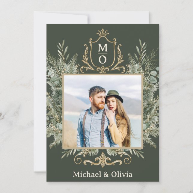 Elegant Botanical Greenery Crest Holiday Card (Front)