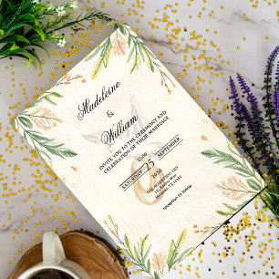 Elegant Botanical Greenery  Dove & Rings Wedding Invitation