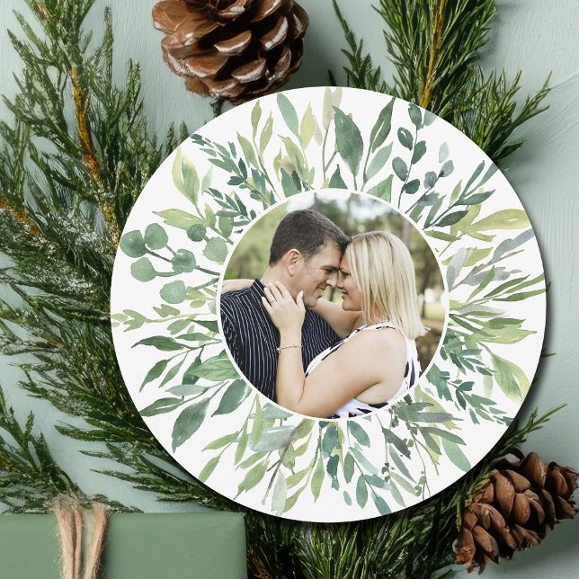 Elegant Botanical Greenery Family Photo Circle Card (Creator Uploaded)