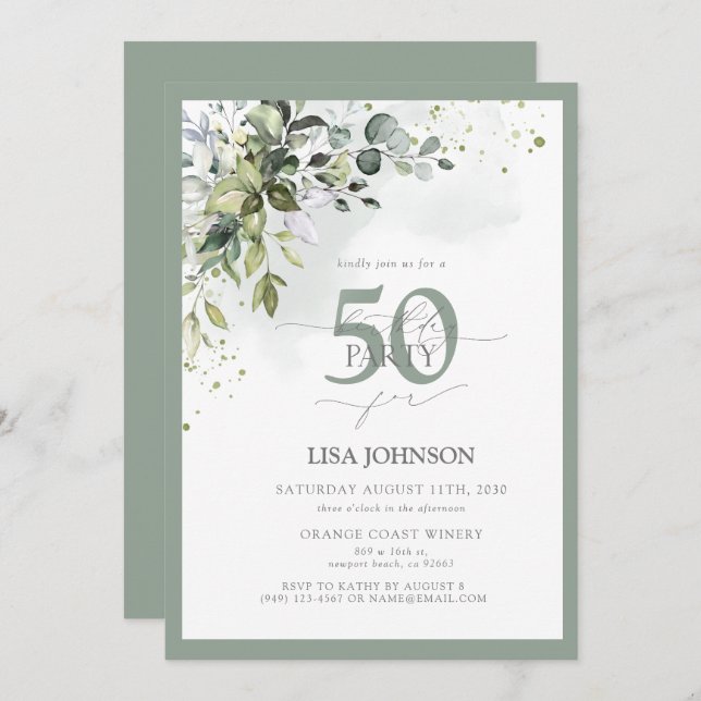 Elegant Botanical Greenery Floral 50th Birthday Invitation (Front/Back)
