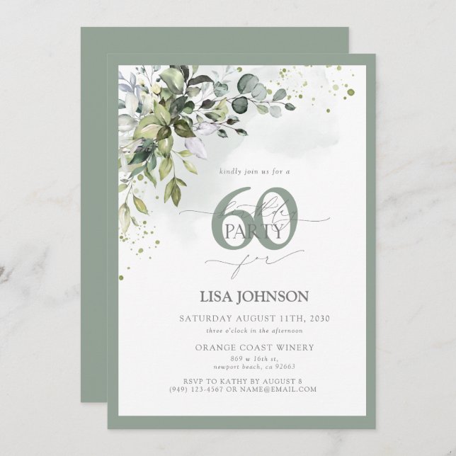 Elegant Botanical Greenery Floral 60th Birthday Invitation (Front/Back)
