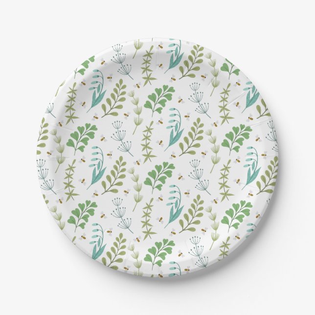 Elegant Botanical Greenery Foliage Honey Bee Paper Plate (Front)