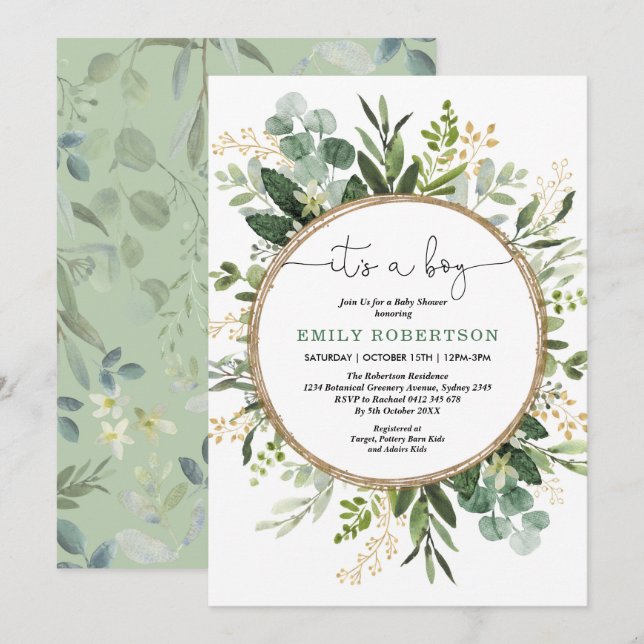Elegant Botanical Greenery Gold Boy Baby Shower Invitation (Front/Back)