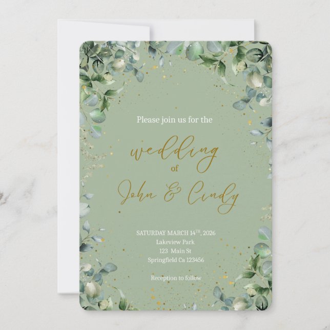 Elegant Botanical Greenery & Gold Dust Wedding  Invitation (Front)