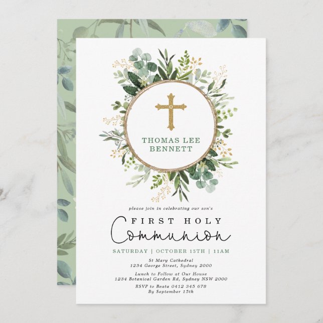 Elegant Botanical Greenery Gold Holy Communion Invitation (Front/Back)