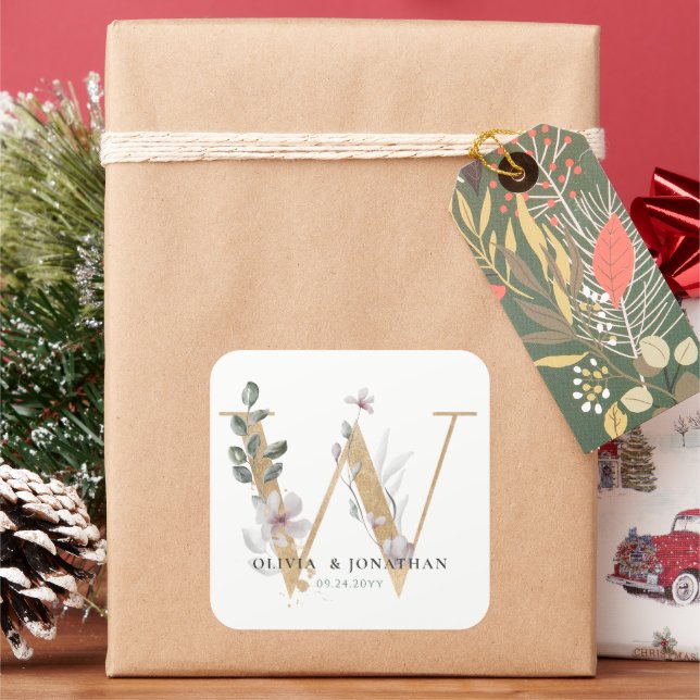 Elegant Botanical Greenery Gold Wedding Favour Square Sticker (Holiday)