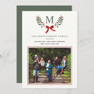 Elegant Botanical Greenery Holly Family Photo Flat Holiday Card