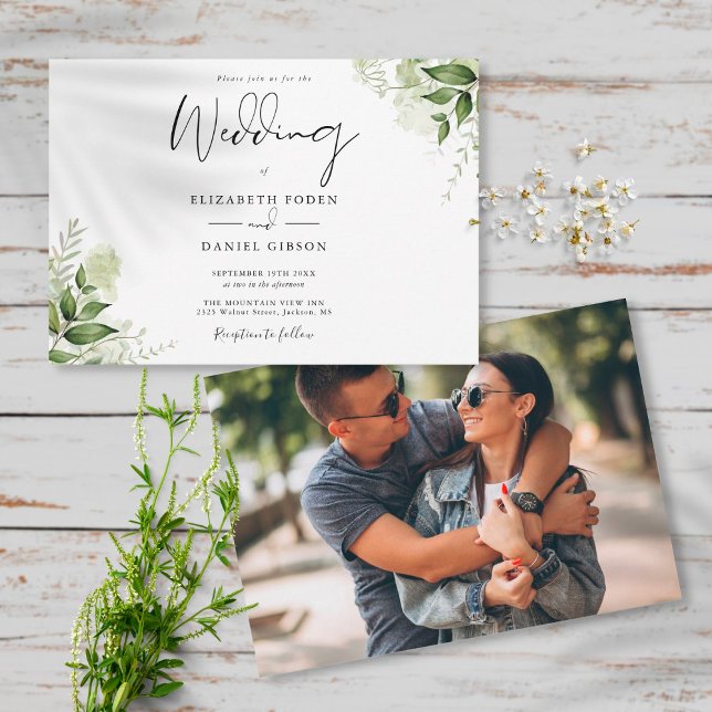 Elegant Botanical Greenery Leaves Photo Wedding Invitation (Creator Uploaded)