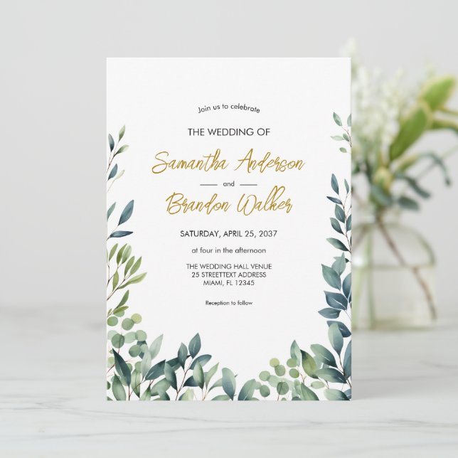 Elegant botanical greenery leaves Wedding Invitation (Standing Front)