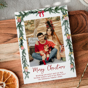 Elegant Botanical Greenery Merry Christmas 1 Photo Holiday Card
