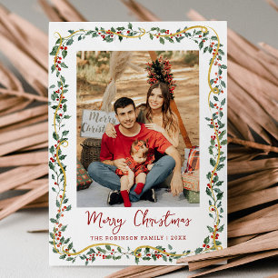 Elegant Botanical Greenery Merry Christmas 1 Photo Holiday Card