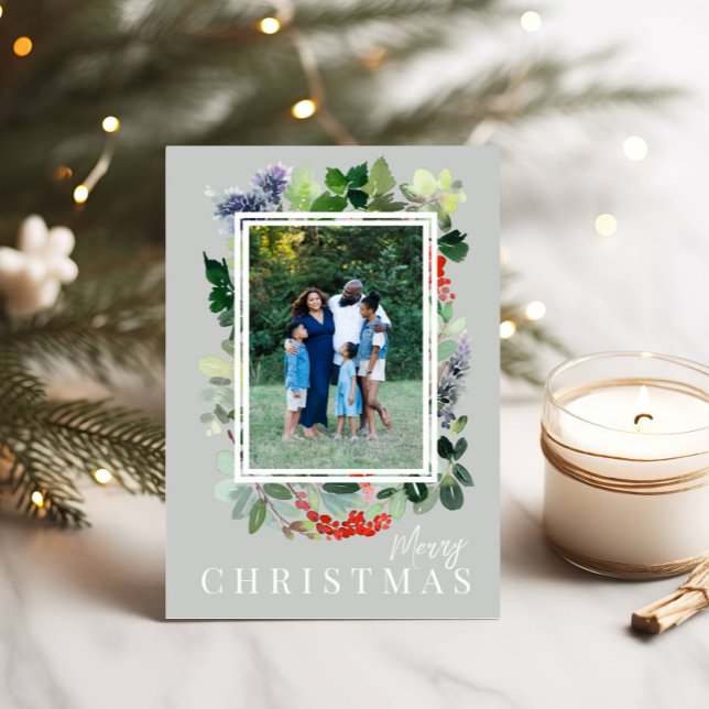 Elegant Botanical Greenery Photo Holiday Card (Creator Uploaded)