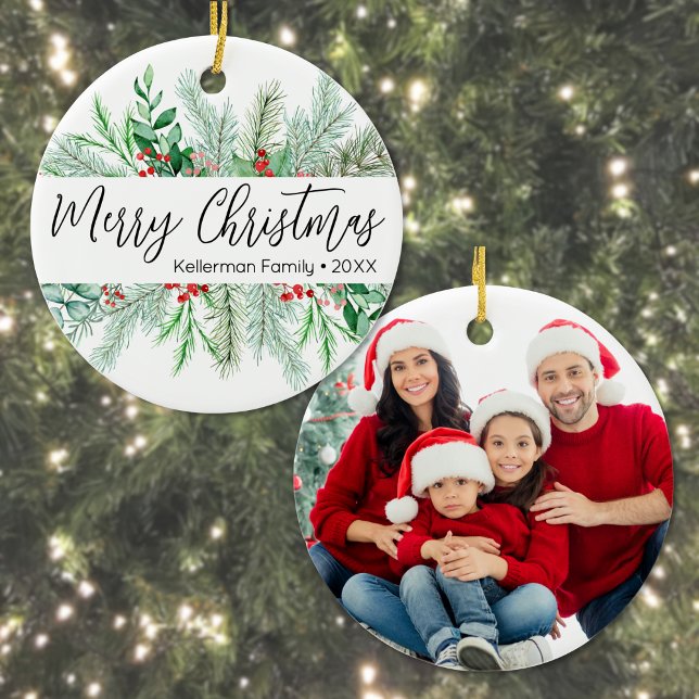 Elegant Botanical Greenery Photo Merry Christmas  Ceramic Tree Decoration (Elegant Bontanical Greenery Photo Merry Christmas Ceramic Ornament)