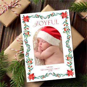 Elegant Botanical Greenery Poinsettia Frame Photo Holiday Card