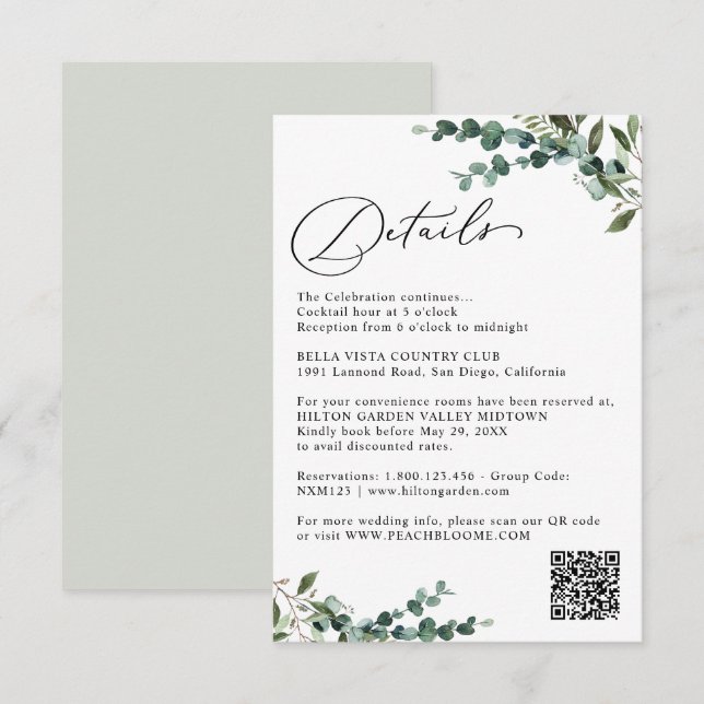 Elegant Botanical Greenery QR Code Wedding Details Enclosure Card (Front/Back)
