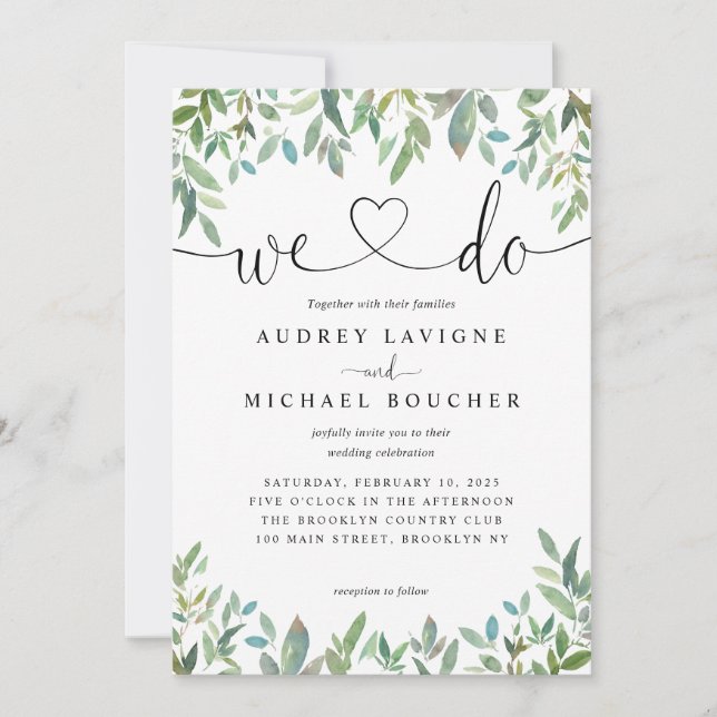 Elegant Botanical Greenery WE DO Heart Wedding Invitation (Front)
