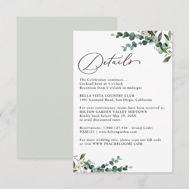 Elegant Botanical Greenery Wedding Details Enclosure Card (Front/Back)