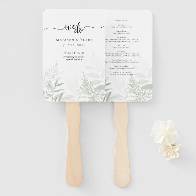Elegant Botanical Greenery Wedding Program Hand Fan (Front and Back)