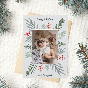Elegant & Botanical Hand-drawn Christmas Photo  Holiday Postcard
