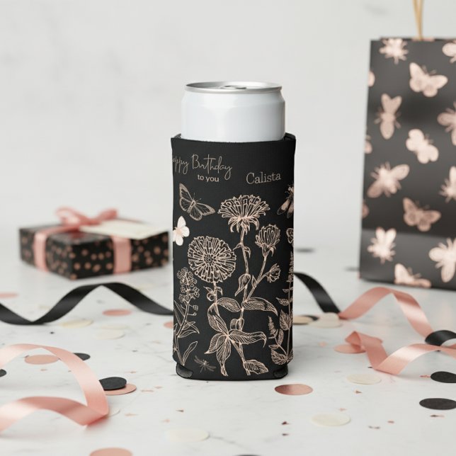 Elegant Botanical "Happy Birthday" Personalised  Seltzer Can Cooler (Elegant Botanical "Happy Birthday" Personalized Seltzer Can Cooler)