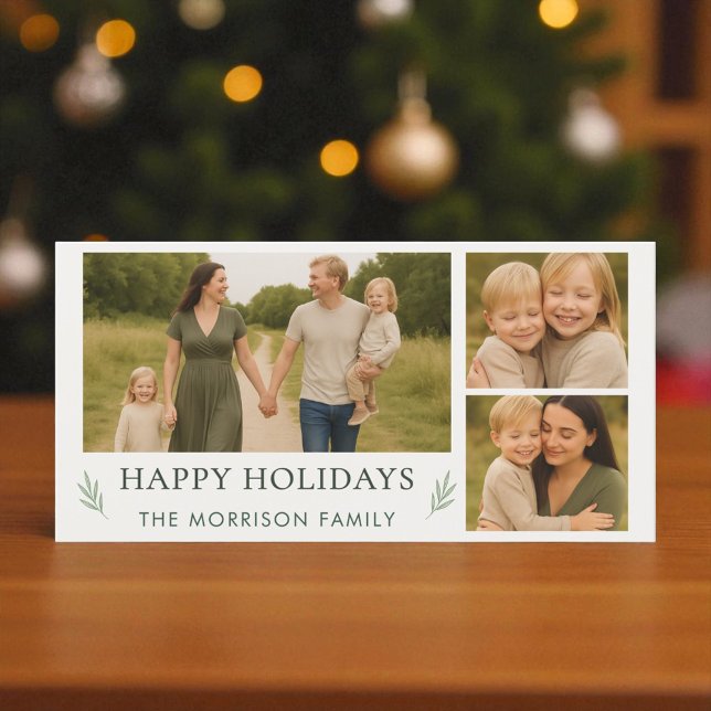 Elegant Botanical Happy Holidays Family 3 Photo Holiday Card (Creator Uploaded)