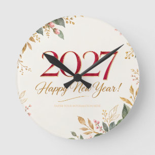 Elegant Botanical Happy New Year Greeting slyte Round Clock