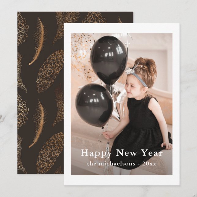 Elegant Botanical Happy New Year Photo Holiday Card (Front/Back)