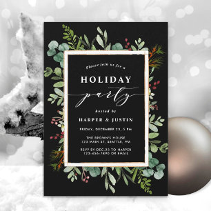 Elegant Botanical Holiday Party Black Invitation