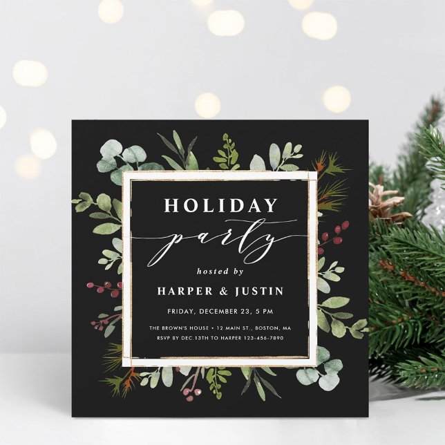 Elegant Botanical Holiday Party Square Black Invitation (Creator Uploaded)