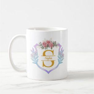 Elegant Botanical Initial and Pink Rose and Golden Coffee Mug