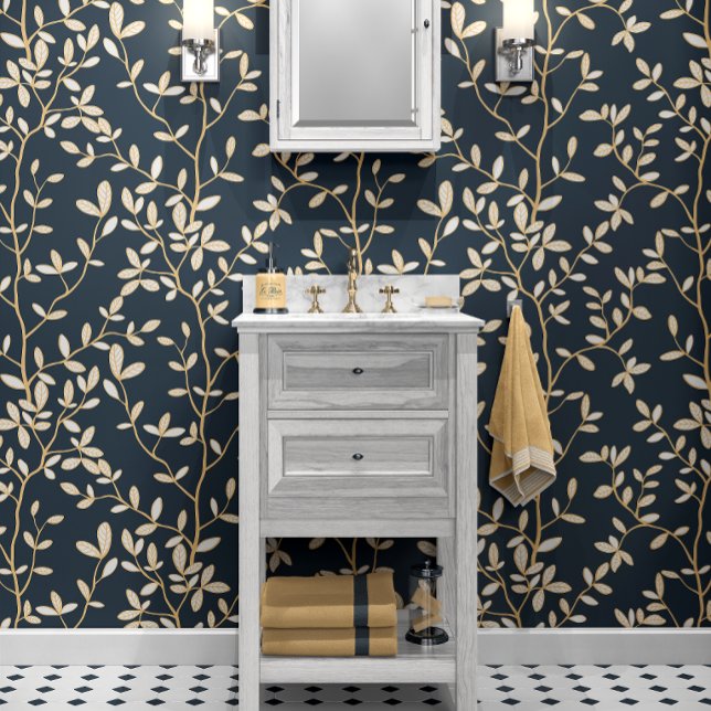 Elegant Botanical Leaf Branch Pattern Dark Navy Wallpaper (Creator Uploaded)