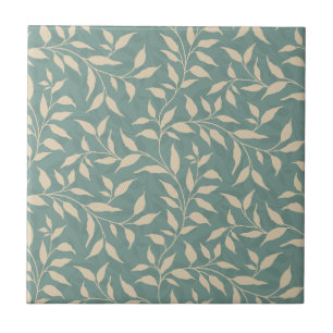 Elegant Botanical Leaf Dance Foliage Beige Teal Tile