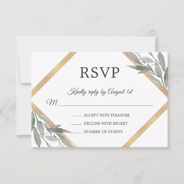Elegant Botanical Leaf Foliage Gold Foil Wedding RSVP Card (Front)