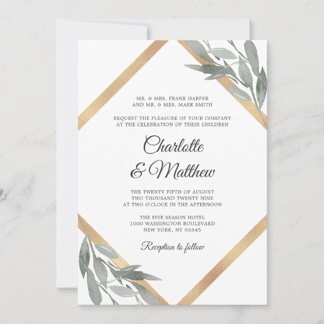 Elegant Botanical Leaf Greenery Gold Foil Wedding Invitation (Front)