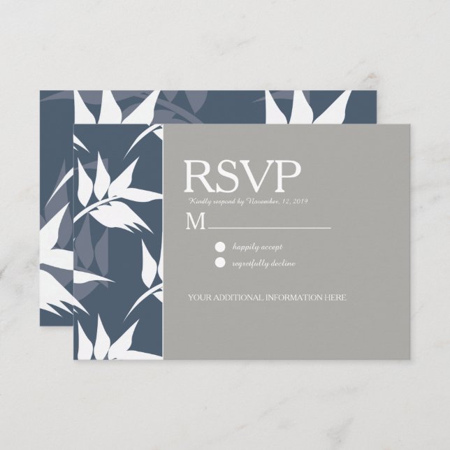 Elegant Botanical Leaf Navy White Pattern Wedding Invitation (Front/Back)
