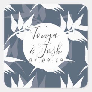 Elegant Botanical Leaf Navy White Pattern Wedding Square Sticker