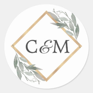 Elegant Botanical Leaf Sage Green Gold Wedding Classic Round Sticker