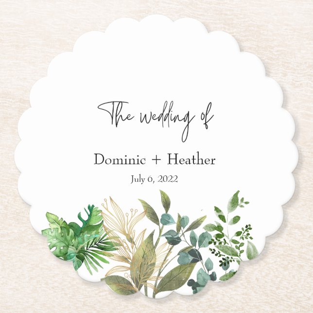 Elegant Botanical Leaf Wedding Invitation Paper Coaster (Front)