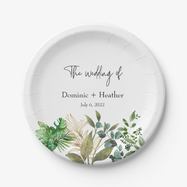 Elegant Botanical Leaf Wedding Invitation Paper Plate (Front)