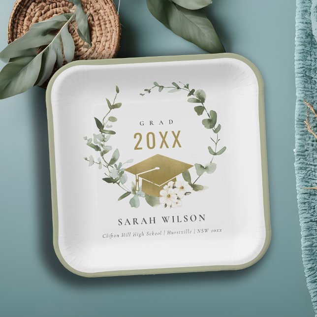 Elegant Botanical Leafy Wreath Gold Graduation  Paper Plate (Creator Uploaded)