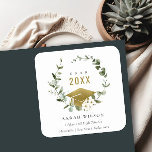 Elegant Botanical Leafy Wreath Gold Graduation Square Sticker