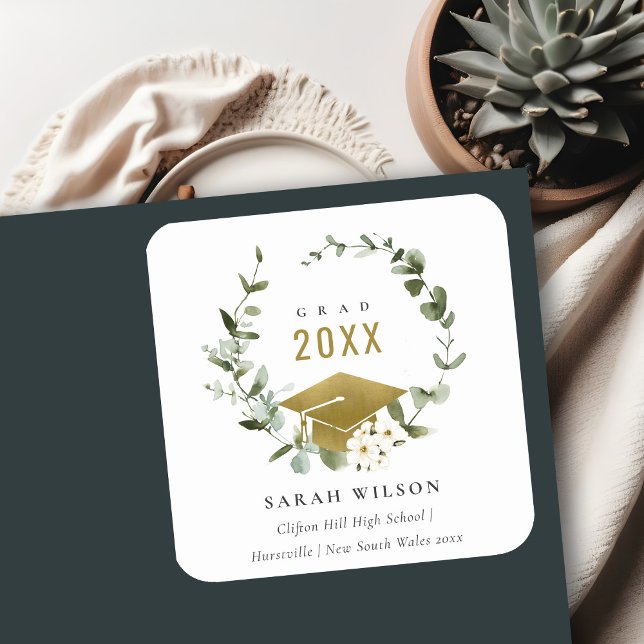 Elegant Botanical Leafy Wreath Gold Graduation Square Sticker (Creator Uploaded)