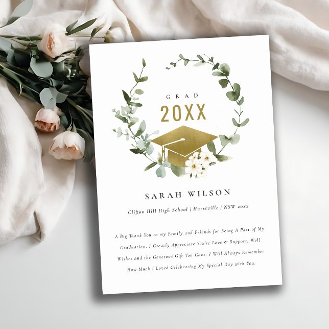 Elegant Botanical Leafy Wreath Gold Graduation Thank You Card (Creator Uploaded)
